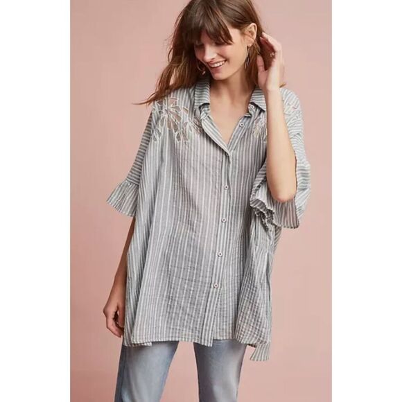 Maeve Betty Oversized Gray Striped Anthropologie Buttondown Shirt XS/S - Picture 1 of 8